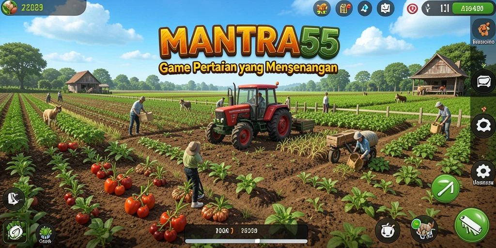 Screenshot gameplay <strong>MANTRA55</strong> menampilkan suasana ladang yang indah dan petani yang aktif.